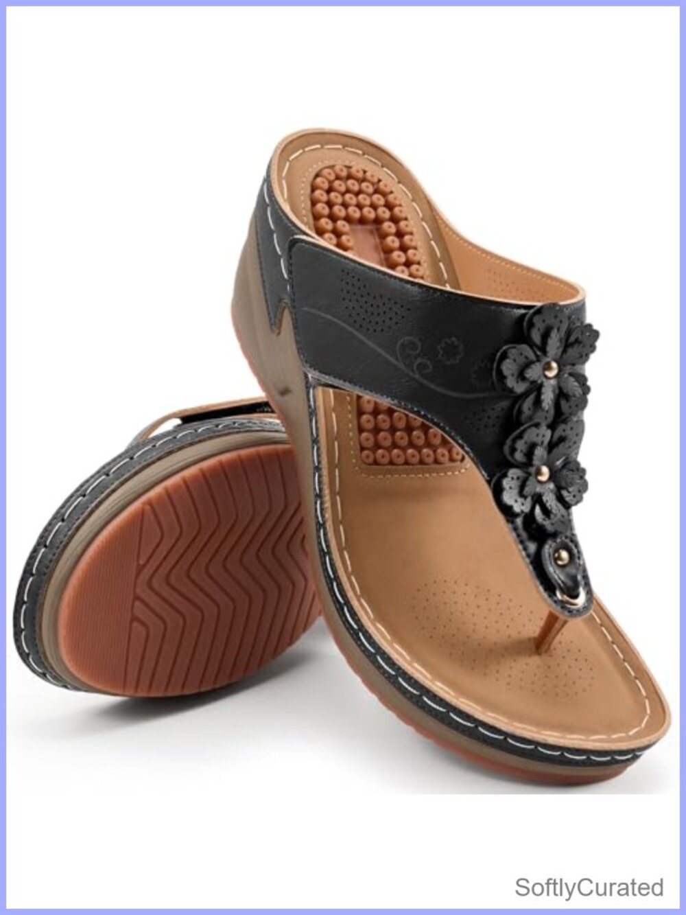 Faux Leather Wedge Platform Sandals Cushioned Footbed Floral Thong Slides